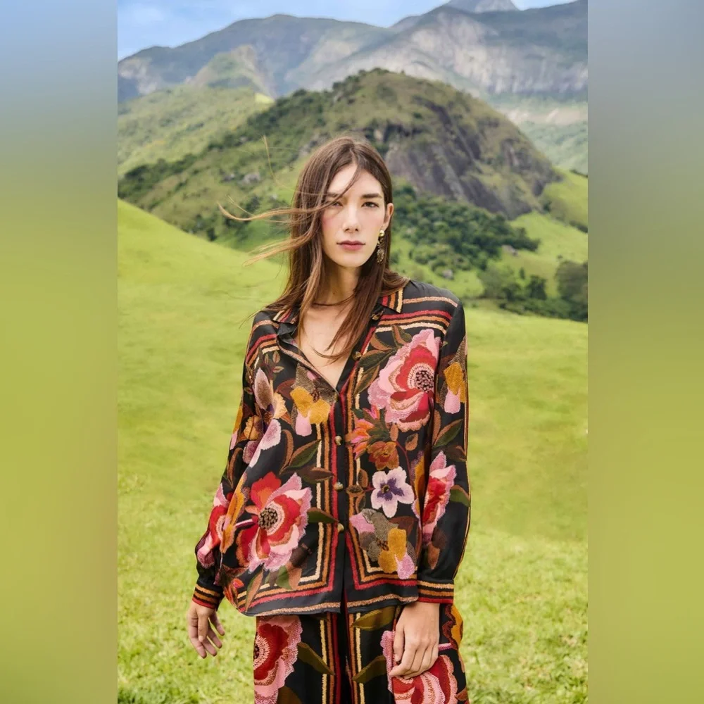 Farm Rio: Farm Rio Black Chenille Flowers Shirt - Picture 7 of 15